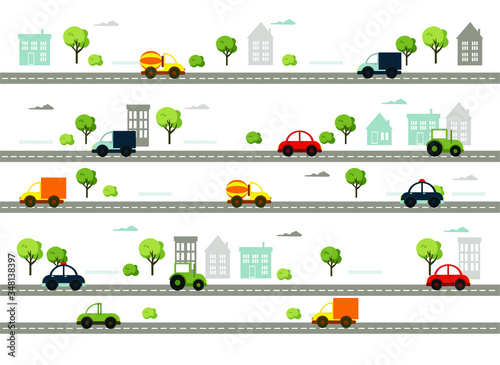 children s cartoon city with roads  cars  houses and trees. vector flat illustration