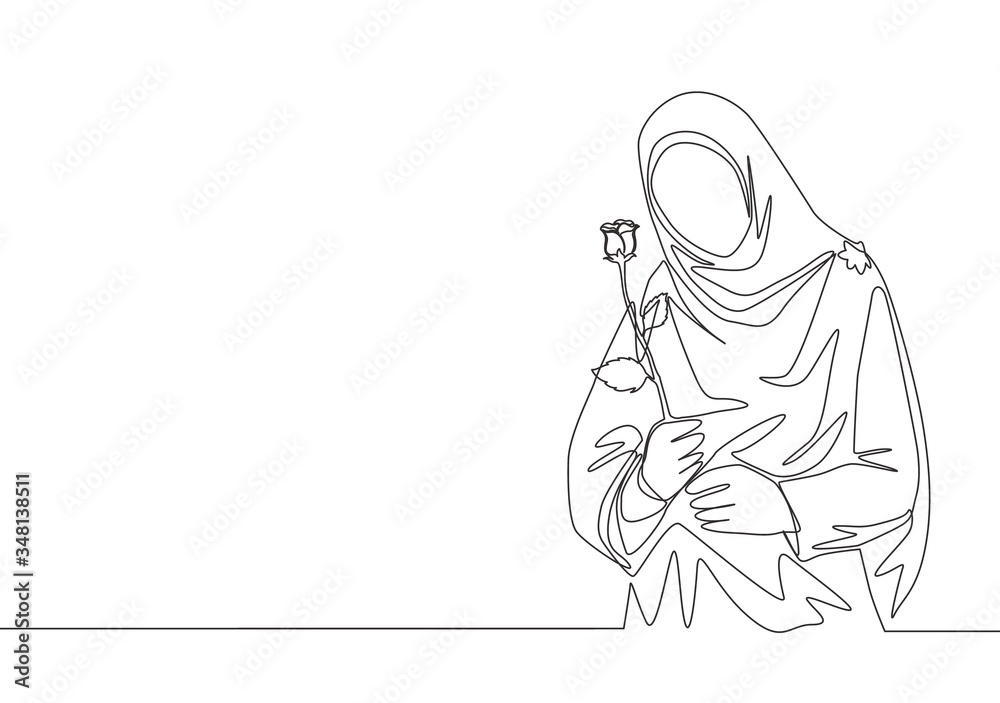 Single continuous line drawing of young happy cute muslimah with headscarf holding a flower rose. Beauty Asian woman model in trendy hijab fashion concept one line draw design vector illustration Single continuous line drawing of young happy cute muslimah with headscarf holding a flower rose. Beauty Asian woman model in trendy hijab fashion concept one line draw design vector illustration