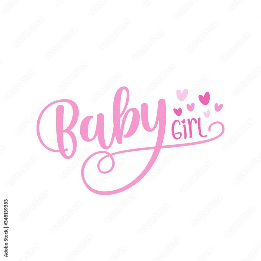 Baby Girl calligraphy with hearts.
Good for greeting card, textile print, Room decoration, Baby Shower design.