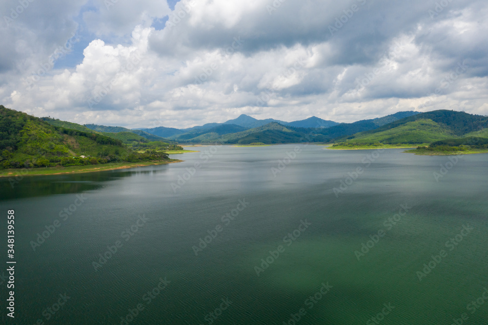 Beautiful scenery of dam with mountain and lake view at Thailand, Asia.