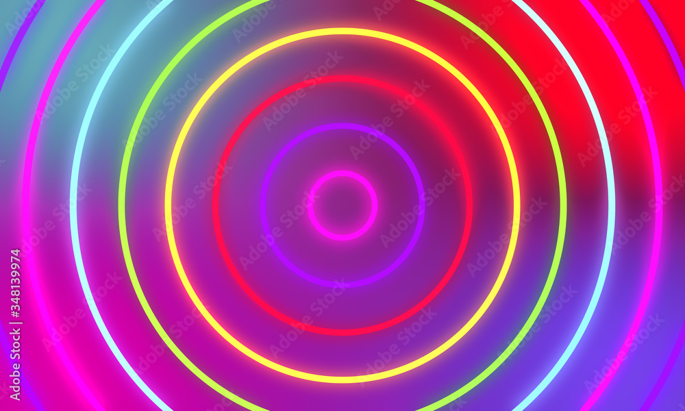 Abstract colorful neon light circles background.