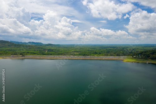 Beautiful scenery of dam with mountain and lake view at Thailand  Asia.