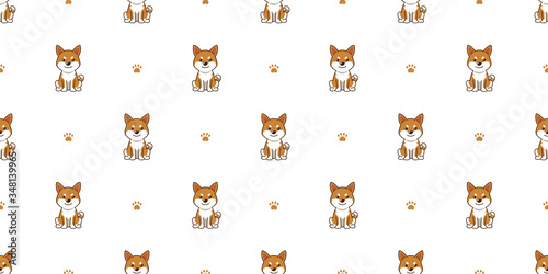 Vector cartoon character shiba inu dog seamless pattern background for design.