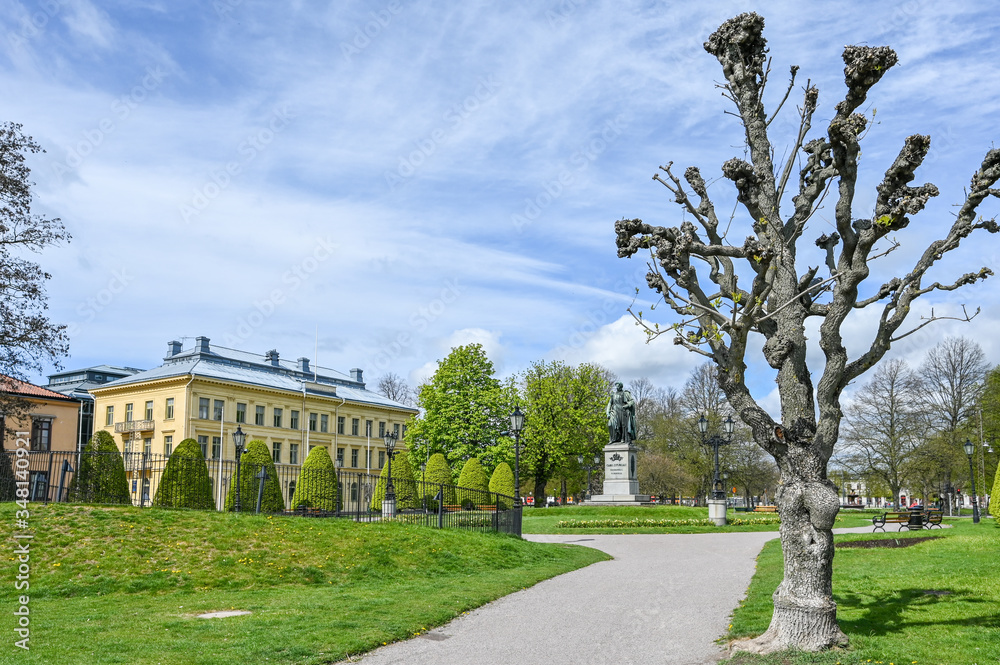 Carl Johans park with the statue of king Karl Johan XIV during early spring in Norrkoping. Karl Johan was the first king of the Bernadotte family.