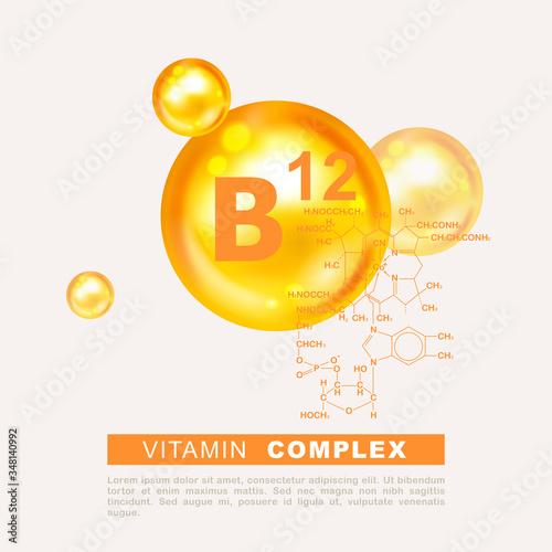 Vitamin gold shining pill capsule icon. Nutrition sign vector concept. The power of vitamin B12. Chemical formula. Cyanocobalamin, hydroxocobalamin. Shining golden substance drop. Meds for heath ads
