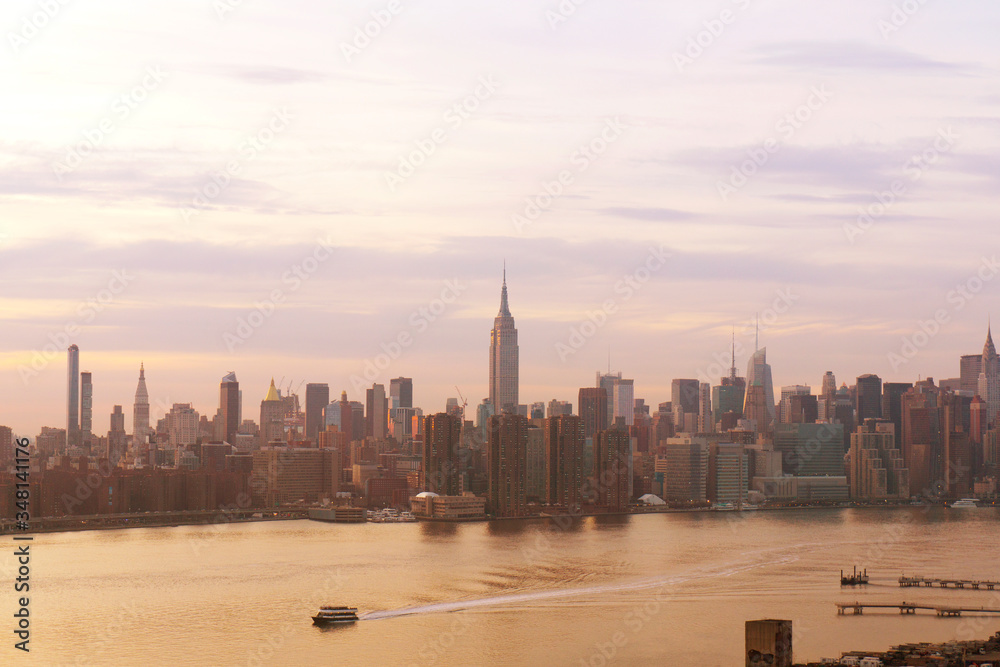 View of New York city skyline at dusk
