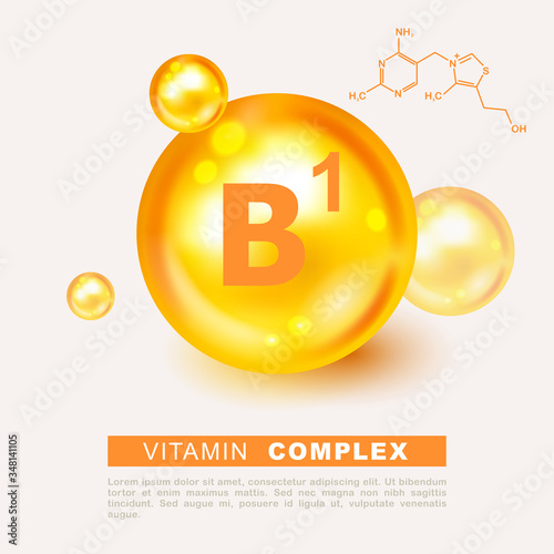 Vitamin gold shining pill capsule icon. Nutrition sign vector concept. The power of vitamin B1. Chemical formula. Group B, Thiamine. Shining golden substance drop. Meds for heath ads