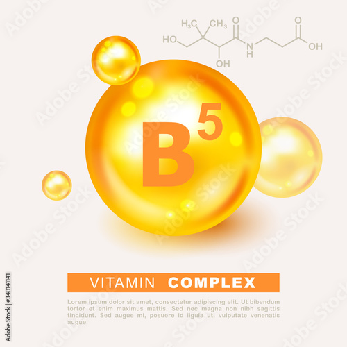 Vitamin gold shining pill capsule icon. Nutrition sign vector concept. The power of vitamin B5. Chemical formula. Pantothenic acid. Shining golden substance drop. Meds for heath ads