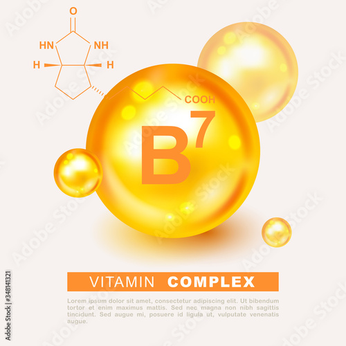 Vitamin gold shining pill capsule icon. Vitamin B7 gold icon. Biotin drop pill capsule. Vitamin complex design. Biotin vitamin drop pill capsule icon