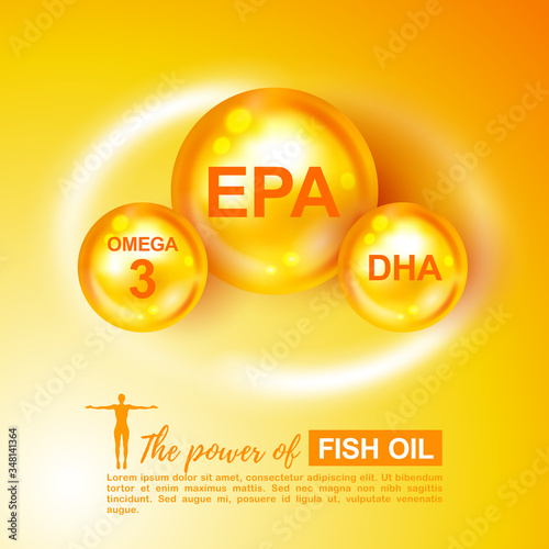 Fish oil ads. Vector illustration. Vitamin Omega-3, Fatty Acids EPA, DHA. Chemical formula. Shining golden substance drop, essence droplet. Meds for health ads. Vitamin Omega-3, Fatty Acids EPA, DHA
