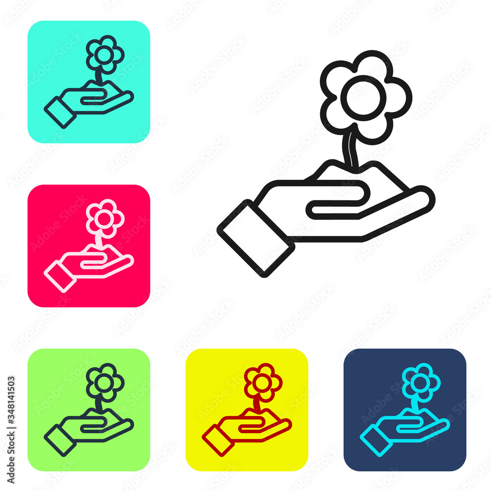Black line Hand holding flower icon isolated on white background. Seed and seedling. Planting sapling. Ecology concept. Set icons in color square buttons. Vector Black line Hand holding flower icon isolated on white background. Seed and seedling. Planting sapling. Ecology concept. Set icons in color square buttons. Vector