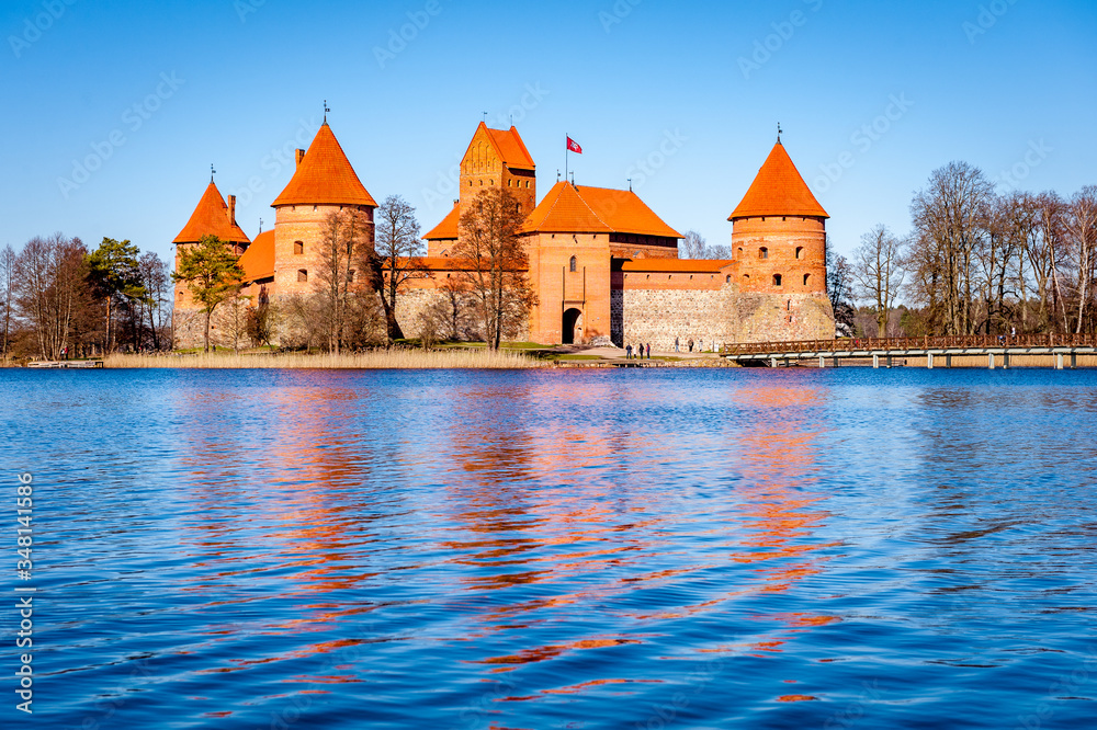 Trakai castle: medieval gothic Island castle, located in Galve lake. One of the most popular tourist destination in Lithuania. Copy space.