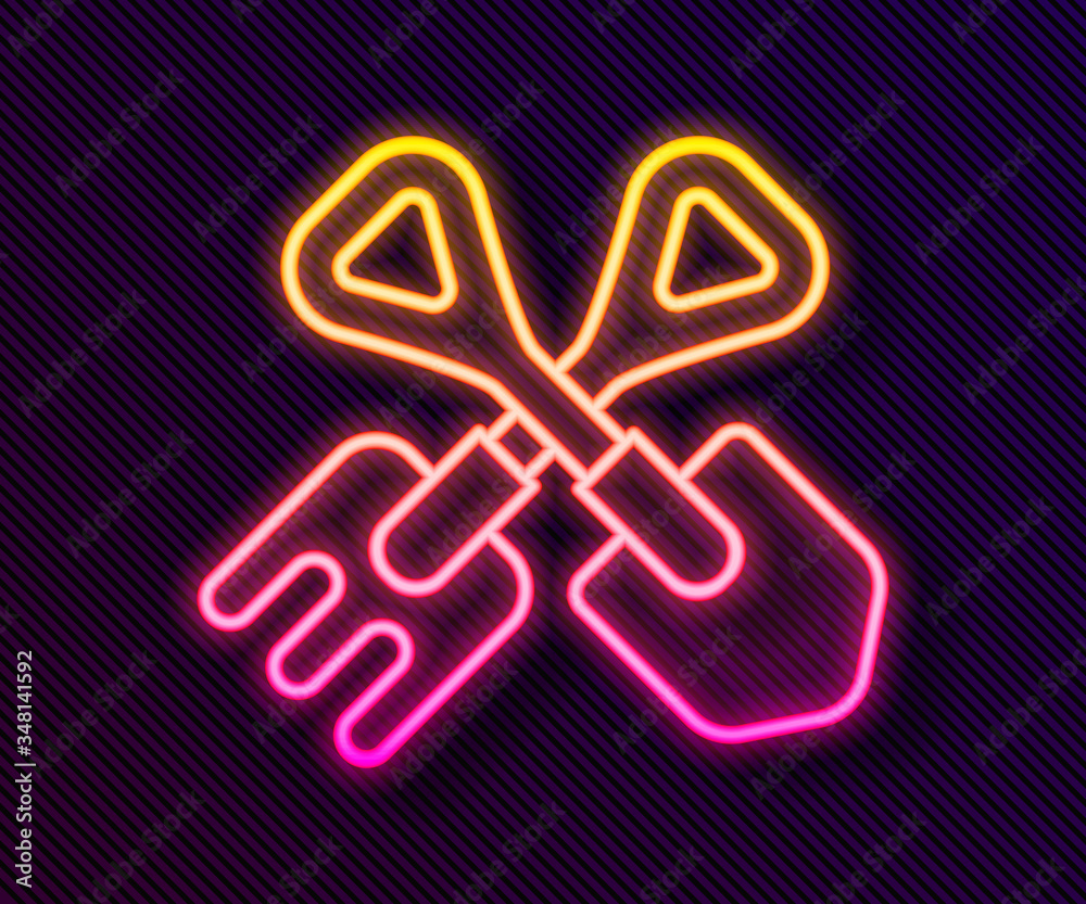 Glowing neon line Shovel and rake icon isolated on black background. Tool for horticulture, agriculture, gardening, farming. Ground cultivator. Vector Glowing neon line Shovel and rake icon isolated on black background. Tool for horticulture, agriculture, gardening, farming. Ground cultivator. Vector