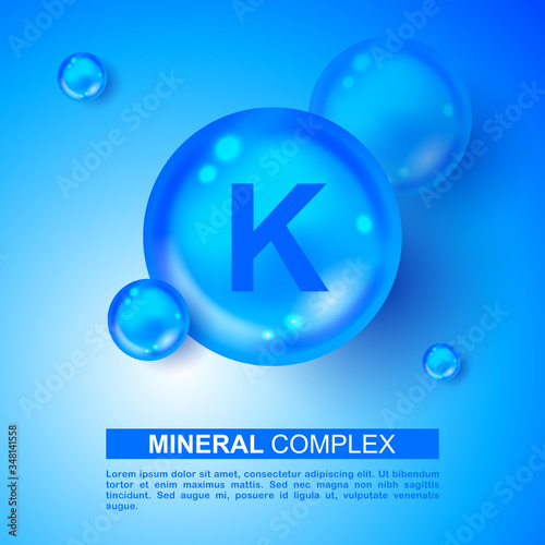 Mineral blue shining pill capsule icon. K Kalium Vector. Mineral Blue Pill Icon. Vitamin Capsule Pill K Kalium Icon. Substance For Beauty, Cosmetic, Heath Promo Ads Design. 3D Mineral Complex K Kalium