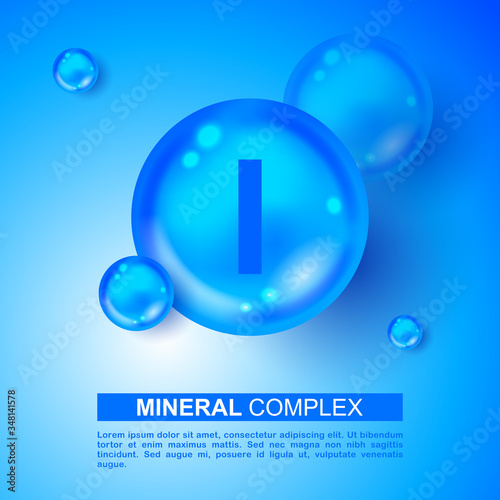 Mineral blue shining pill capsule icon. I iodine Vector. Mineral Blue Pill Icon. Vitamin Capsule Pill I iodine Icon. Substance For Beauty, Cosmetic, Heath Promo Ads Design. 3D Mineral Complex I iodine