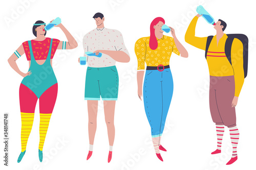 People drinking water vector cartoon characters set isolated on a white background.