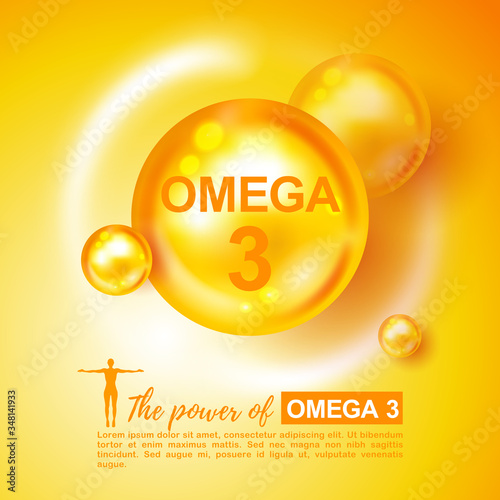 Vitamin sign, symbol. Omega 3. Vector illustration. Omega-3 Fatty Acids gold shining pill capsule icon. Vitamin complex with Chemical formula Dietary supplement. Shining golden substance drop. Omega 3