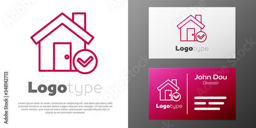 Logotype line House with check mark icon isolated on white background. Real estate agency or cottage town elite class. Logo design template element. Vector