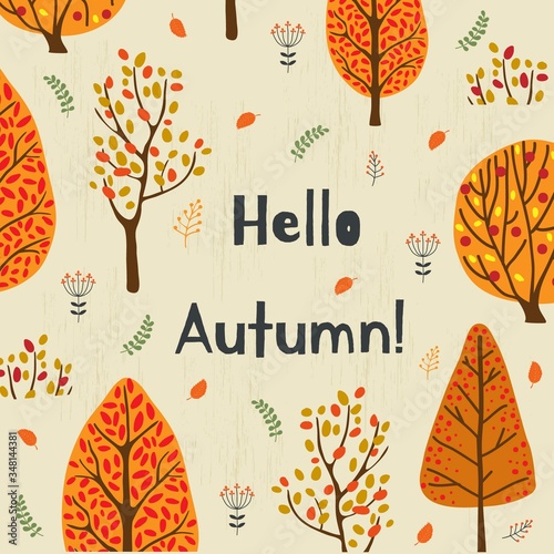 Hello autumn background with fall trees. Nature autumnal vector concept. Orange and yellow tree seasonal illustration