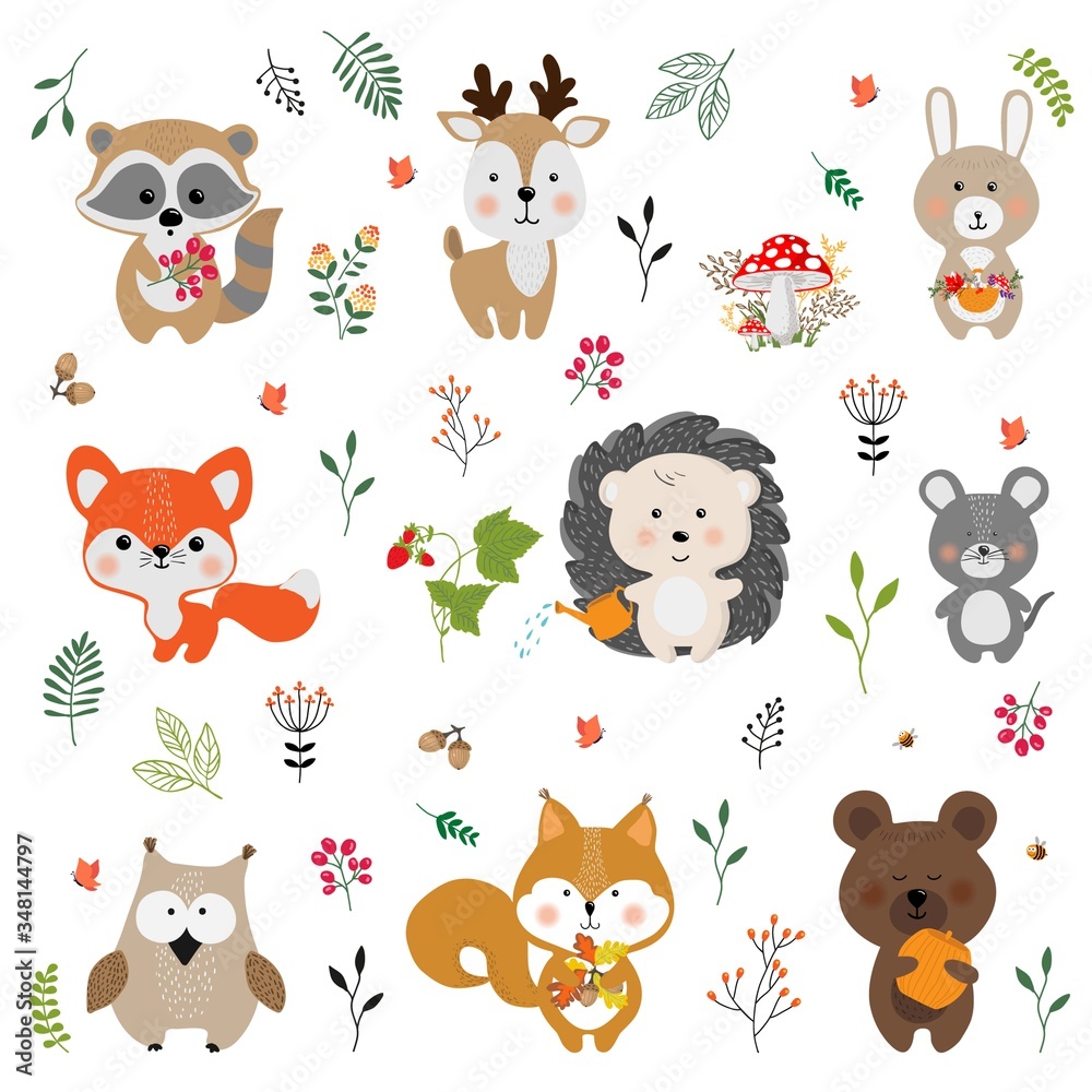 Obraz premium Set of vector cute animals in cartoon style. A collection of small animals in the children's style.