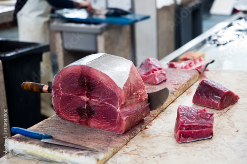 Tuna steaks at fish market