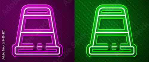 Glowing neon line Thimble for sewing icon isolated on purple and green background. Vector