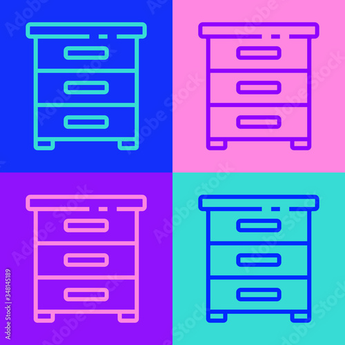 Pop art line Drawer with documents icon isolated on color background. Archive papers drawer. File Cabinet Drawer. Office furniture. Vector