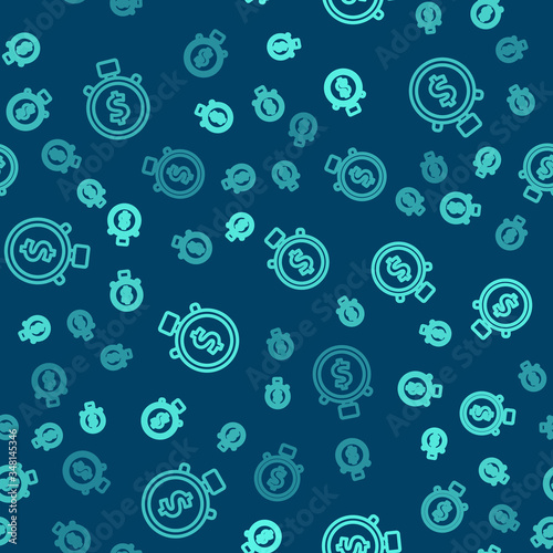 Green line Time is money icon isolated seamless pattern on blue background. Money is time. Effective time management. Convert time to money. Stopwatch. Vector