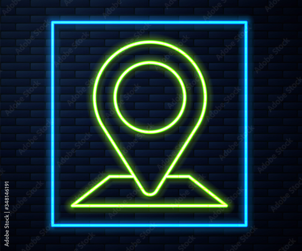 Glowing neon line Map pin icon isolated on brick wall background. Navigation, pointer, location, map, gps, direction, place, compass, search concept. Vector Glowing neon line Map pin icon isolated on brick wall background. Navigation, pointer, location, map, gps, direction, place, compass, search concept. Vector