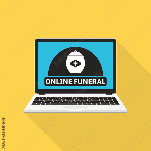 Online funeral service on laptop screen, flat design vector illustration