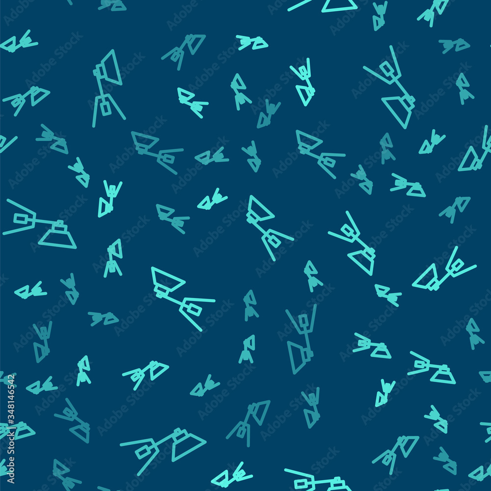 Green line Movie spotlight icon isolated seamless pattern on blue background. Light Effect. Scene, Studio, Show. Vector Green line Movie spotlight icon isolated seamless pattern on blue background. Light Effect. Scene, Studio, Show. Vector
