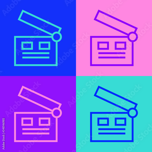 Pop art line Movie clapper icon isolated on color background. Film clapper board. Clapperboard sign. Cinema production or media industry. Vector