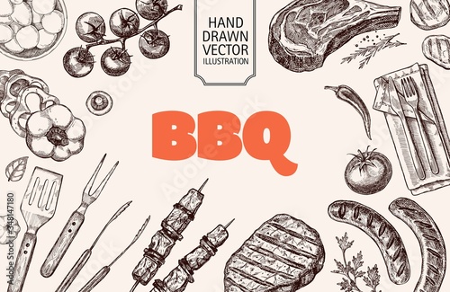 Set of barbecue elements drawn in vector. For the design of the menu of cafes and restaurants, shop windows related to the theme of grilled food.