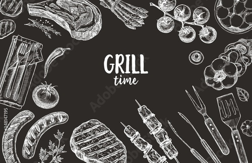 Set of barbecue elements drawn in vector. For the design of the menu of cafes and restaurants, shop windows related to the theme of grilled food.