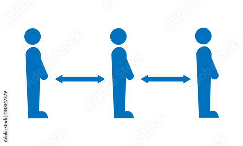 Keep distance in line. Blue icon of people in line on a ehite background. Social distancing sign 