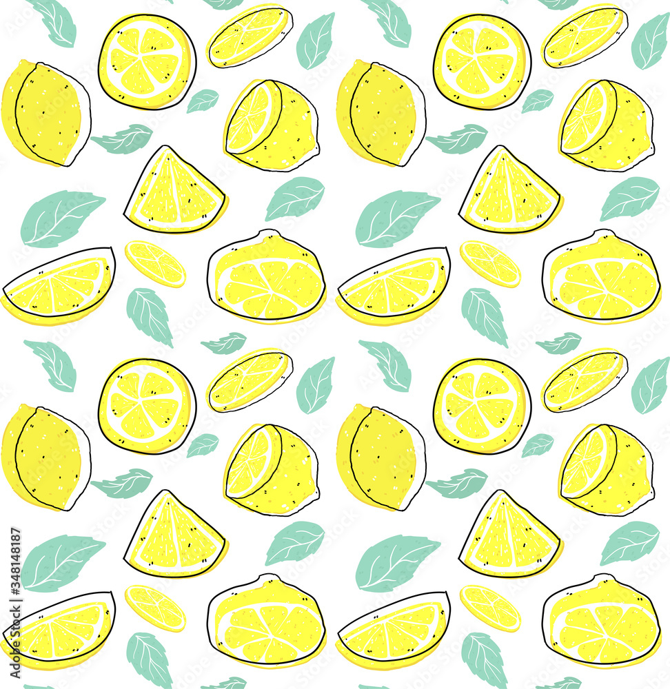 bright sliced lemon and leaves with line pattern seamless background, summer background
