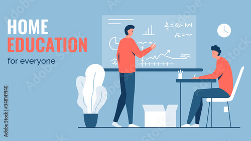 Vector concept illustration of a person sitting at a desk and another man writing and teaching with a blackboard. It represents a concept of personal individual education, teaching and learning