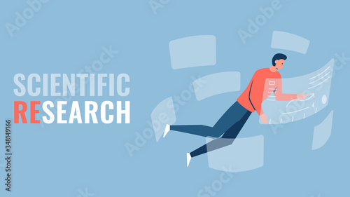 Vector concept illustration of a person conducting scientific research surrounded by elements of augmented reality. It represents a concept of immersion in scientific work and modern technology