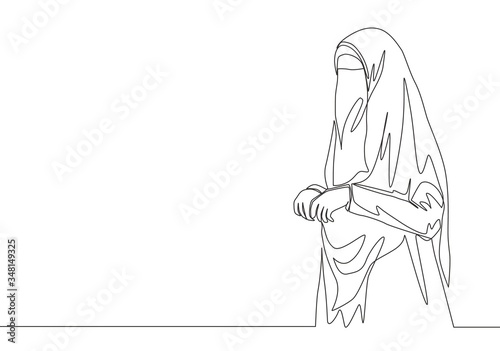 One single line drawing of young beautiful pretty middle east muslimah wearing burqa with veil. Traditional beauty Arabian woman niqab cloth concept continuous line draw design vector illustration