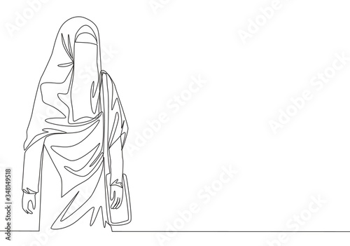 One single line drawing of young attractive Asian muslimah wearing burqa while carrying pocket bag. Traditional beauty Arabian woman niqab cloth concept continuous line draw design vector illustration