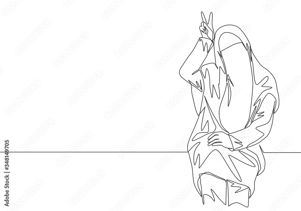 One single line drawing of young cute Asian muslimah wearing burqa while giving peace hand gesture. Traditional beauty Arabian woman niqab cloth concept continuous line draw design vector illustration One single line drawing of young cute Asian muslimah wearing burqa while giving peace hand gesture. Traditional beauty Arabian woman niqab cloth concept continuous line draw design vector illustration
