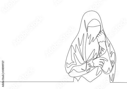One continuous line drawing of young beauty Asian muslimah wearing burqa while holding her hand. Traditional beautiful Islamic woman niqab dress concept single line draw design vector illustration