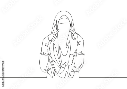 Single continuous line drawing of young cute Asian muslimah wearing burqa while touching her cheeks. Traditional beauty muslim woman niqab with hijab concept one line draw design vector illustration