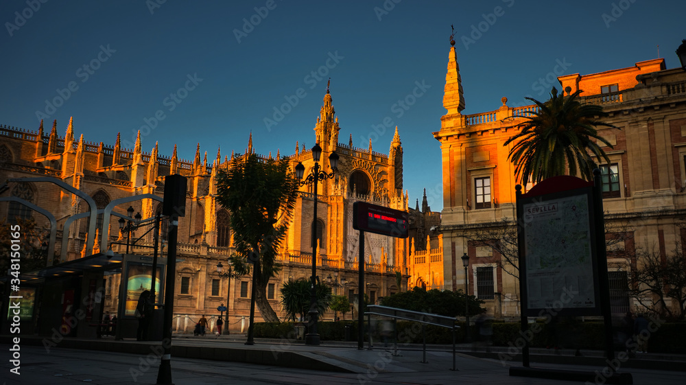 Seville, Spain - February 18th, 2020 - the Gothic Seville Cathedral and General Archive of the Indies as part of the UNESCO as a World Heritage Site, in Seville, Spain.