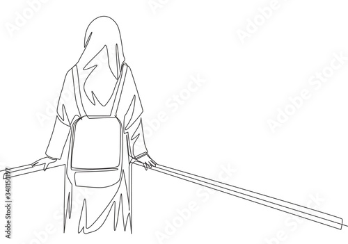 One single line drawing of young beauty middle east muslimah wearing burqa and carrying bag, back view. Traditional Arabian woman niqab cloth concept continuous line draw design vector illustration