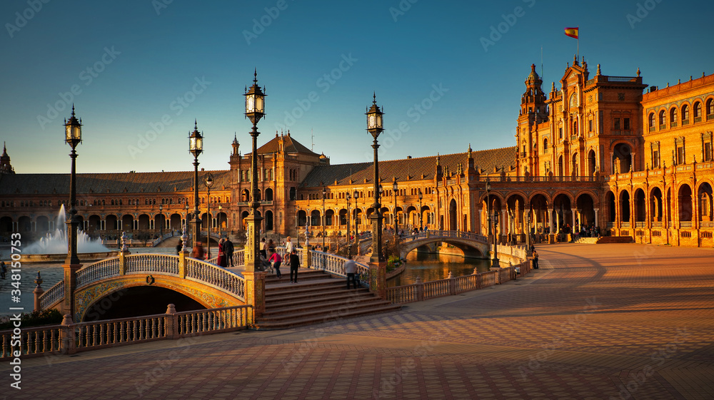 Seville, Spain - February 20th, 2020 - Plaza de Espana in Seville City Center with Architecture Details and the Vicente Traver fountain in the center.