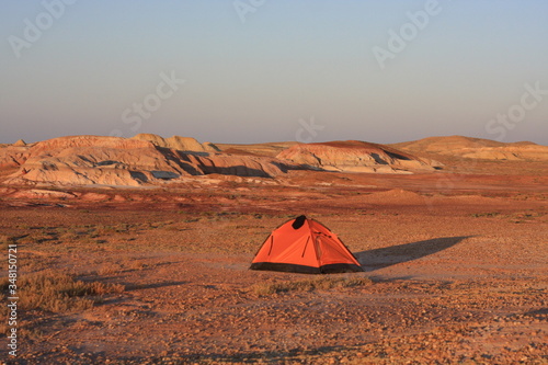 Wild camping in the red canyon, tents, natural colors, evening
