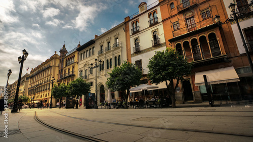 Seville, Spain - February 7th, 2020 - Constitution Avenue with Beautiful Architecture and Colorful Buildings in Seville Spain. photo