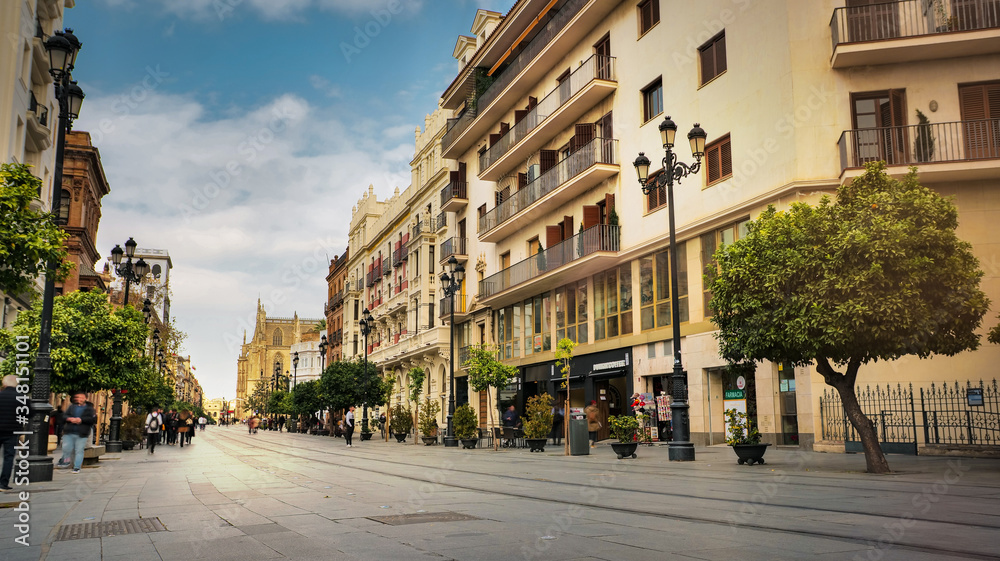 Seville, Spain - February 7th, 2020 - The Constitution Avenue with Architecture Details in Seville City Center Spain.