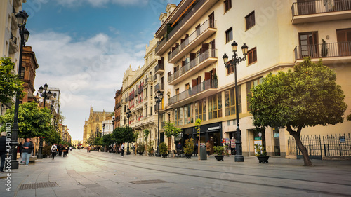 Seville, Spain - February 7th, 2020 - The Constitution Avenue with Architecture Details in Seville City Center Spain.